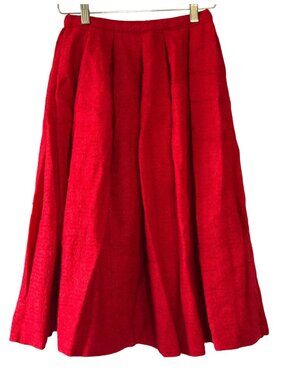 Vintage Handmade Red Heavy Wool Pleated Skirt 25 In Waist Mid Century 1960s 50s